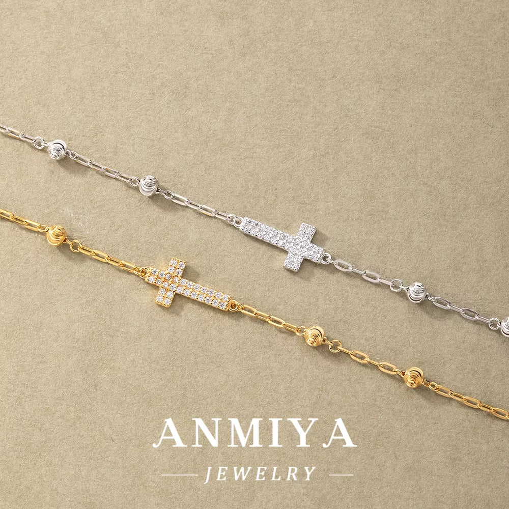 ANMIYA S925 Silver Link Chain Bracelet 18K Gold Silver Cross Christianity Gothic Bracelet