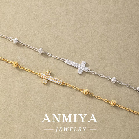 ANMIYA S925 Silver Link Chain Bracelet 18K Gold Silver Cross Christianity Gothic Bracelet