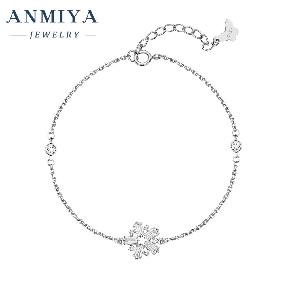 ANMIYA Fine Jewelry 925 Silver Snowflake Link Bracelet Bling Bling Diamond & Custom Zircon Trendy Style Hand Chain
