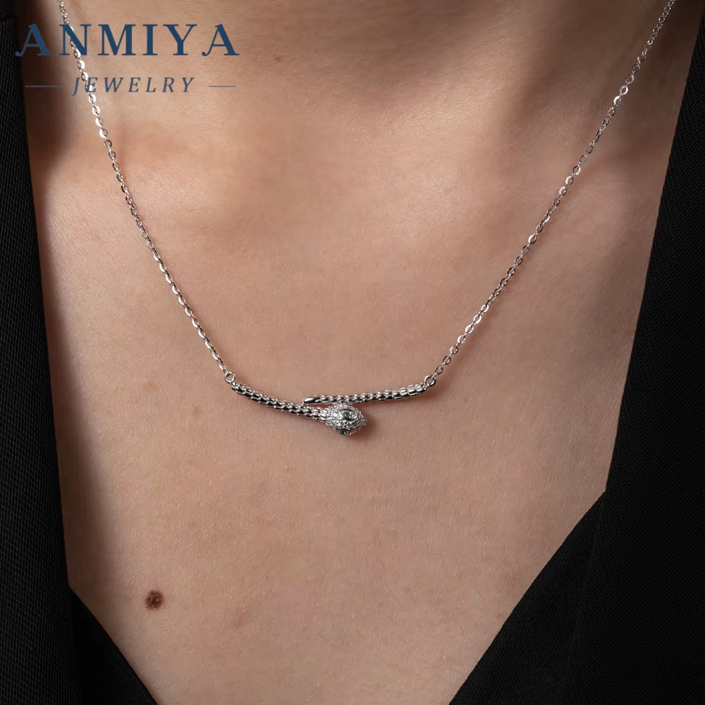 ANMIYA High Quality Best Gift One-Line Shape Zircon Snake 925 Sterling Silver Fashion Jewelry Necklace for Women Men