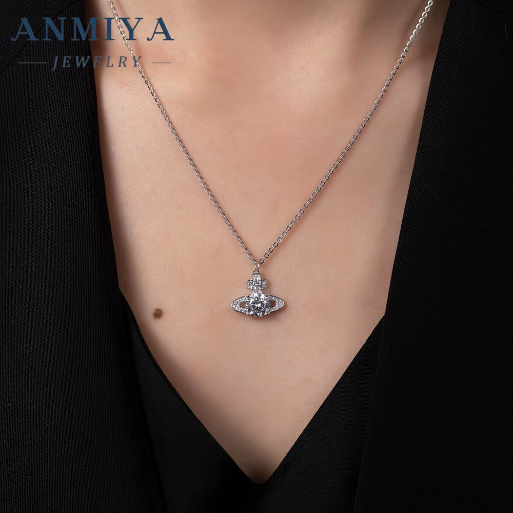 ANIMIYA 3D Saturn Inlay Zircon Lab Diamond Fine Fashion 925 Sterling Silver Necklace Earrings Set for Valentine'S Day