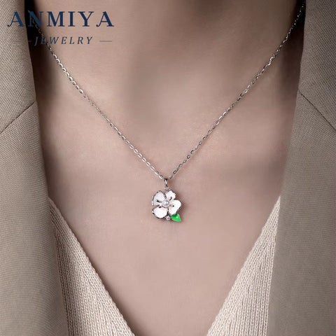 Elegant Silver 925 Jewelry Set Necklace and Stud Earring Featuring Enamel Flower Centered Pearl Inlay for Women Daily Wear