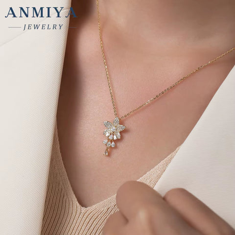 ANMIYA 18K Gold Plated 925 Sterling Silver Flower Pendant 5A Zircon Inoxidable Necklace
