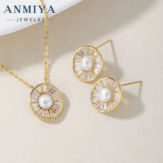 Manufacturer Irregular Circle Pearl Necklace Set Zircon 925 Sterling Silver Jewelry Wedding Engagement Girls Necklaces Earrings