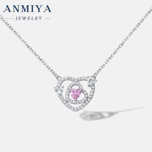 Popular Sterling Silver 925 Fashion Love Heart Jewelry Heart Cut Hollow Pink Stone Zircon Pendant Necklace for Women