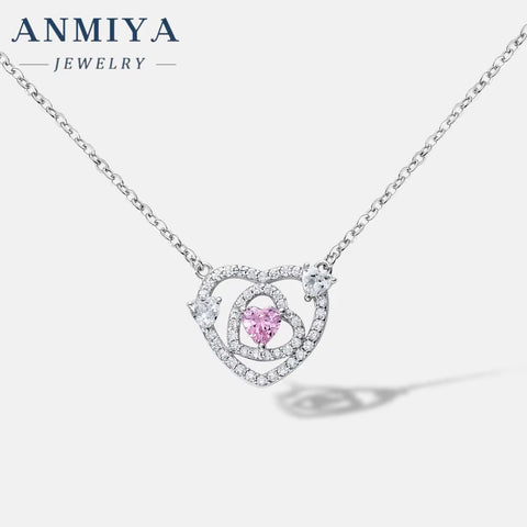 Popular Sterling Silver 925 Fashion Love Heart Jewelry Heart Cut Hollow Pink Stone Zircon Pendant Necklace for Women
