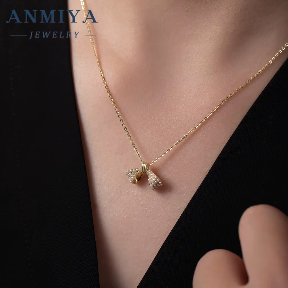 ANMIYA Popular Jewelry Necklace Sets 18K Gold Plated 925 Silver Waterproof Dainty Bow Charm Necklace for Gift