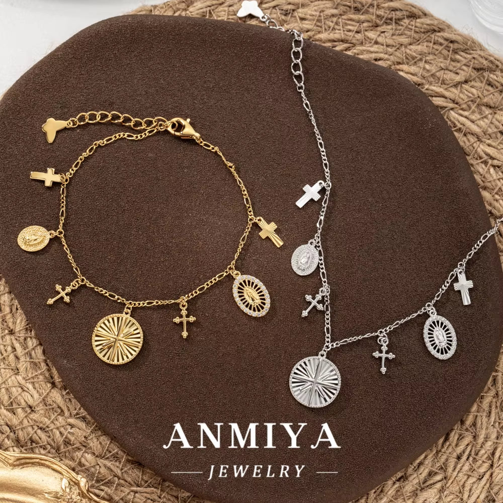 ANMIYA Christian Catholic Religious Bracelet 925 Silver 18K Gold Jesus Cross Bracelet