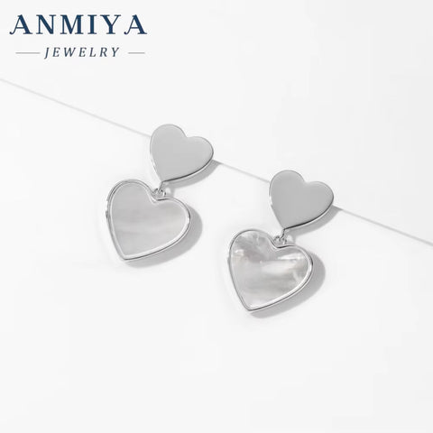 ANMIYA S925 Sterling Silver Korean Style White Shell Earrings 18K Gold Rose Gold Heart Shape Fashion Jewelry Earrings for Women