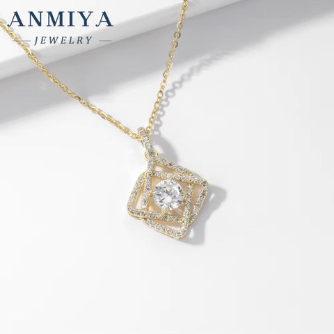 ANMIYA Wholesale 925 Silver Simple Geometric Statement Necklace Hollow Diamond Zircon Square Pendant Necklace