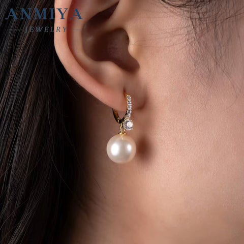 ANMIYA Korean Wedding Jewelry Gift 925 Sterling Silver Pearl Earrings Drop Pearl Hoop Earrings for Women