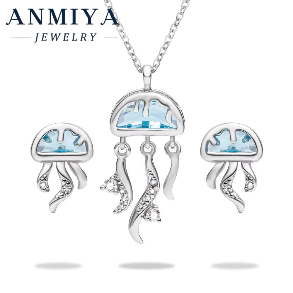 Delicate Silver Jewelry Artisan Silver 925 Set Necklace and Earring Sets Featuring Jellyfish Design for Feminine Daily Use