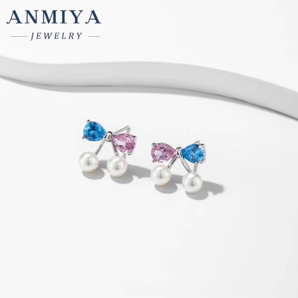 High Quality Summer Fancy Rhinestone Bow Pearl Stud Earrings for Women Girls