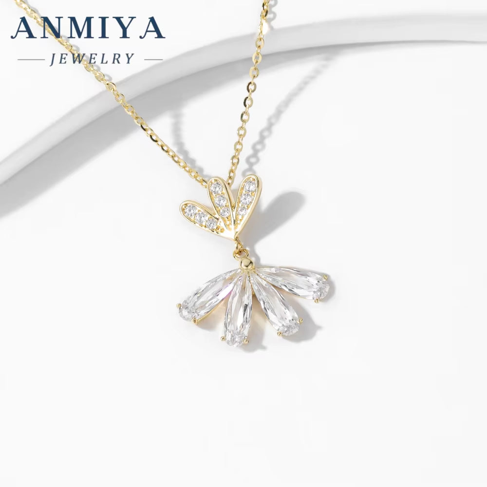 ANMIYA Unisex Shiny 925 Sterling Silver Statement Flower Shape Zircon Pendant Rhodium Plated with Gold Necklace