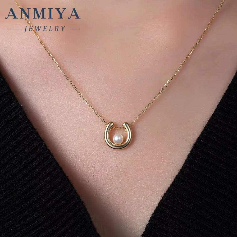 ANMIYA Trendy Best Selling U Shape Freshwater Pearl 18K Gold 925 Silver Necklace and Stud Earrings for Women Formal