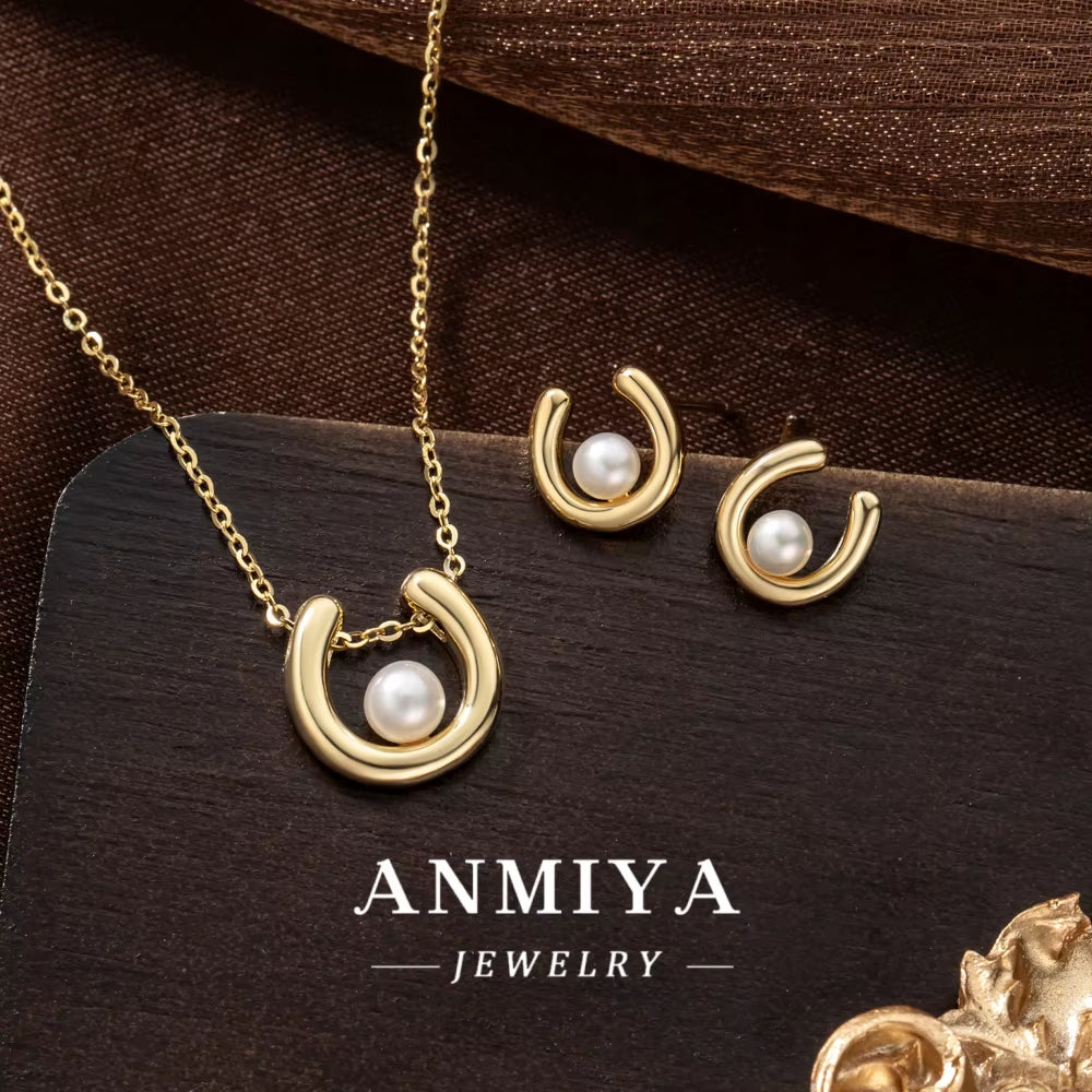 ANMIYA Trendy Best Selling U Shape Freshwater Pearl 18K Gold 925 Silver Necklace and Stud Earrings for Women Formal