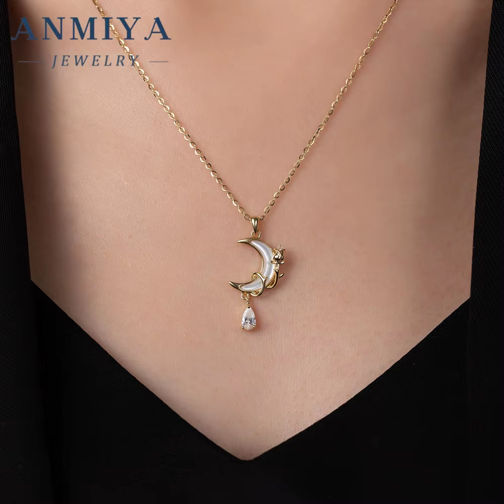 Fashion Zircon Diamond Moon Pendant Necklace Star and Moon Necklace Crescent 925 Sterling Silver Moon Necklace