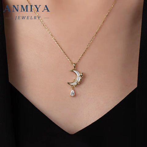 Fashion Zircon Diamond Moon Pendant Necklace Star and Moon Necklace Crescent 925 Sterling Silver Moon Necklace