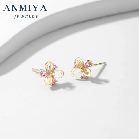 ANMIYA Elegant New Tide Pink Pear Ice Cut Diamond Zircon 925 Silver Earrings for Women