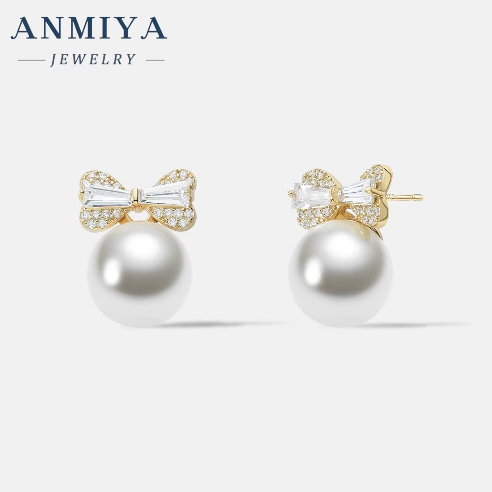 ANMIYA Gold Plated Bowknot Stud Earrings Pearl Festive Earring for Women Girls Christmas Jewelry Gifts