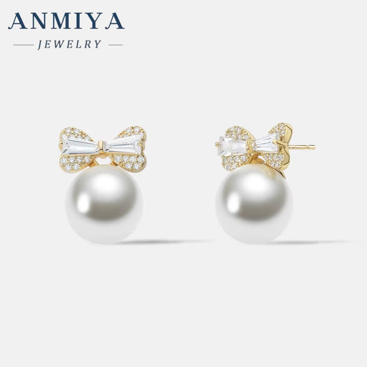 ANMIYA Gold Plated Bowknot Stud Earrings Pearl Festive Earring for Women Girls Christmas Jewelry Gifts