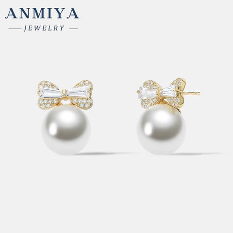 ANMIYA Gold Plated Bowknot Stud Earrings Pearl Festive Earring for Women Girls Christmas Jewelry Gifts