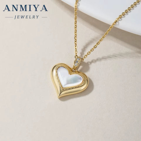 ANMIYA Minimalist Luxury 18K Gold Heart White Shell Gold Plated Necklace Earrings Set 925 Silver for Women