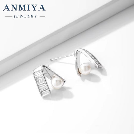 ANMIYA Unique Elegant Sterling Silver Trendy Pearl Earrings ZC Bridal Stud Earrings