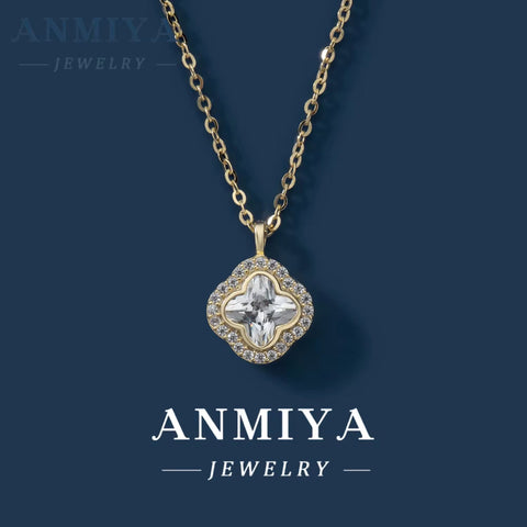 Luxury 925 Sterling Silver Clover Pendant Necklace for Women Square Zircon Link Chain Necklace for Parties Gifts