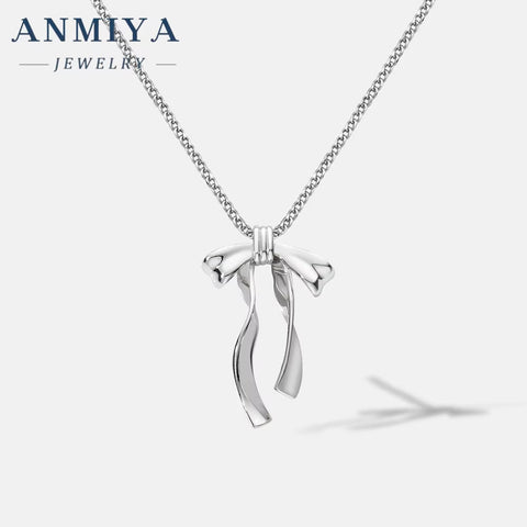 ANMIYA Simple Fashionable 925 Silver Necklace with Zirconia Sweet and Lovely Girl'S Bow Necklace