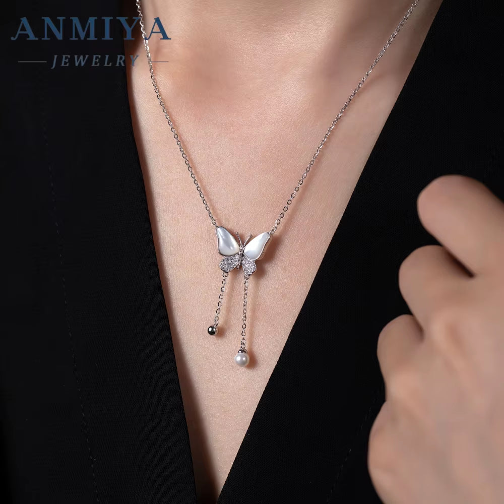 ANMIYA 925 Silver Gold Plated Fringe Link Chain Necklace Butterfly Zircon White Shell Pendant Fashionable Party Occasions Women