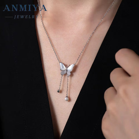 ANMIYA 925 Silver Gold Plated Fringe Link Chain Necklace Butterfly Zircon White Shell Pendant Fashionable Party Occasions Women
