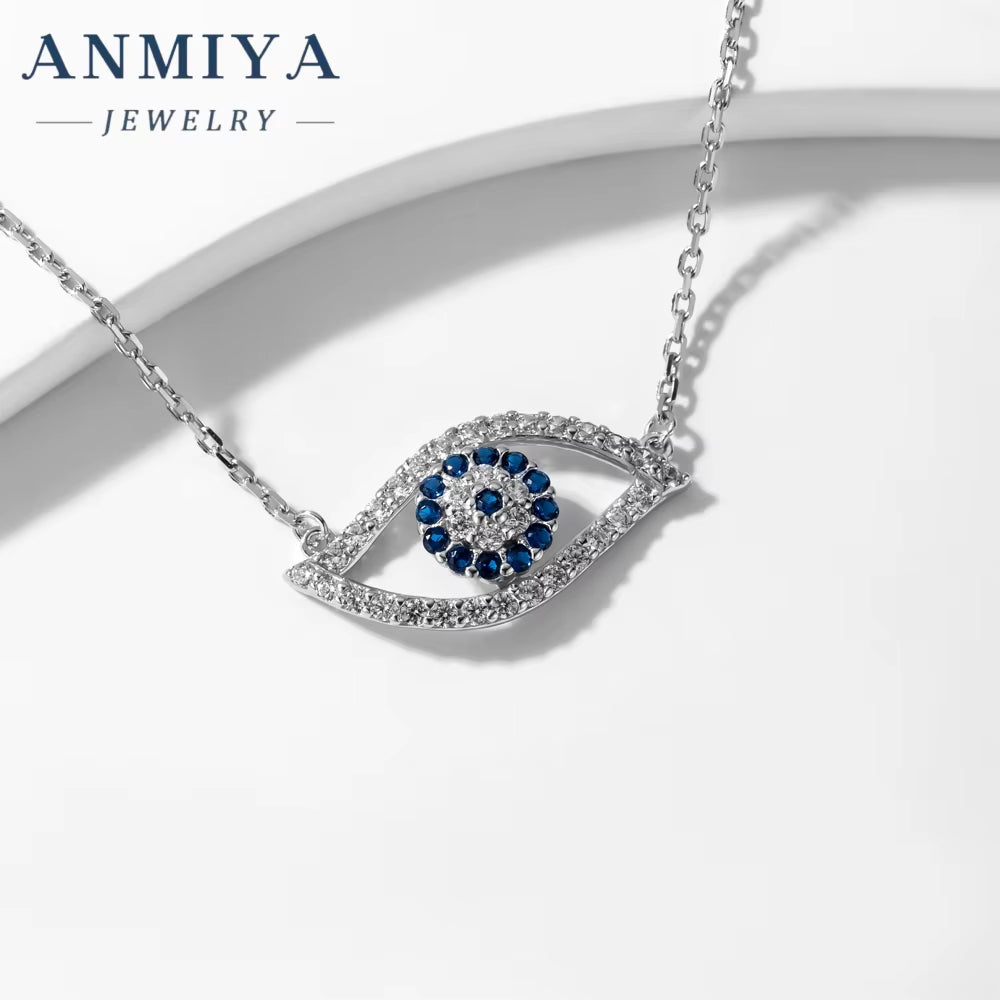 ANMIYA Fashion Blue Color Eye Pendant Necklace Women Simple 925 Sterling Silver Eye Necklace