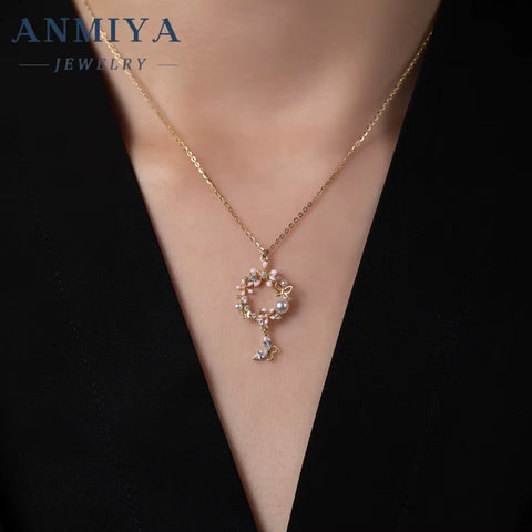 ANMIYA Fine Jewelry Butterfly Garland Fresh Water Pearl Statement Designer Cubic Zirconia 925 Silver Earrings Set Necklace