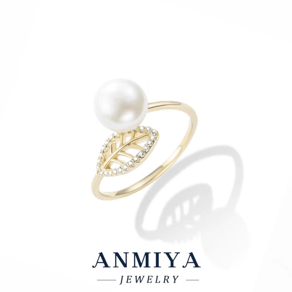 Leaf Shape Design Adjustable Open Ring 925 Sterling Silver with Pearl Bead Elegant Festival Jewelry for Wholesale