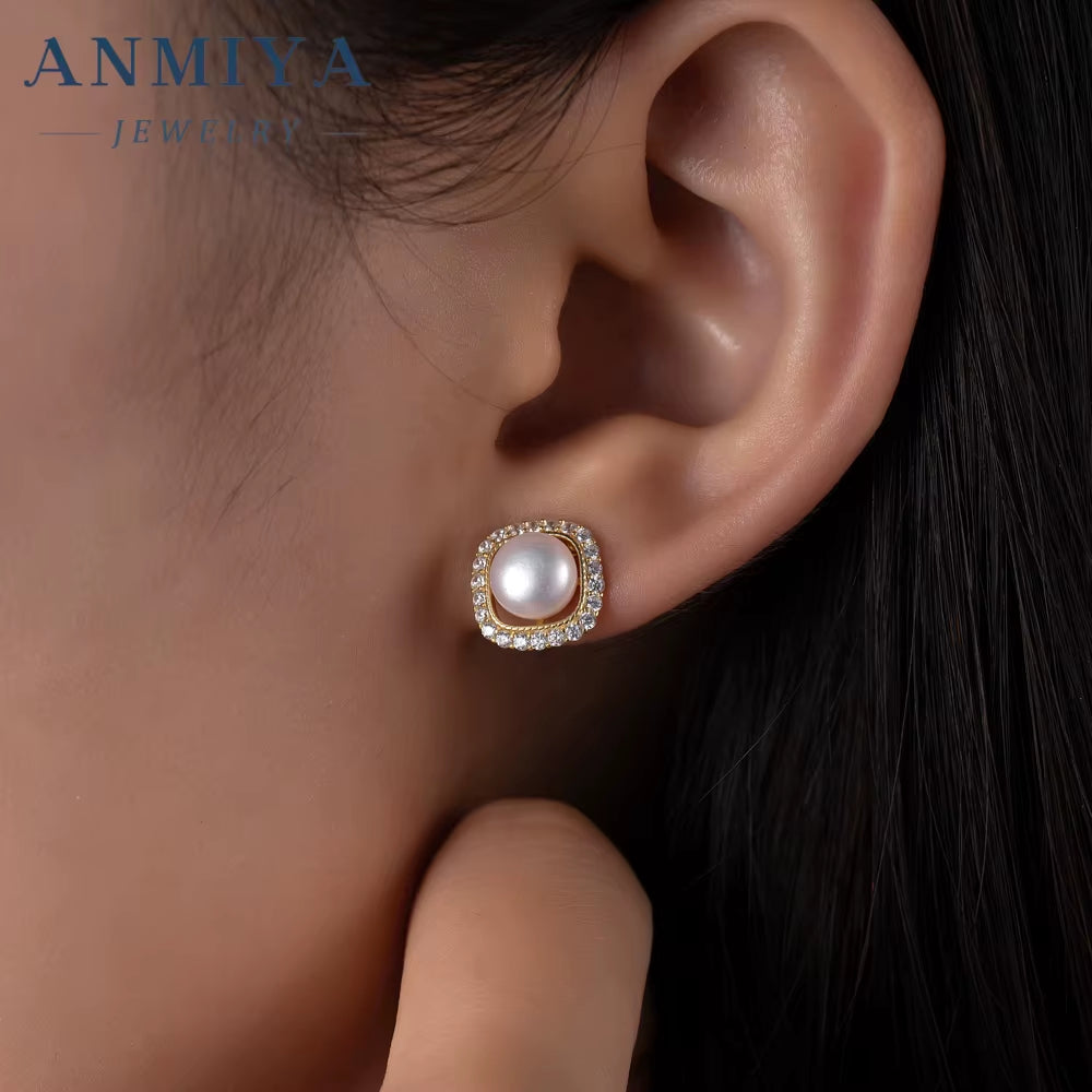 ANMIYA Square Zircon Stone round Pearl 925 Silver Custom Earrings Fresh Water Pearl Earrings Elegant Stud Earrings