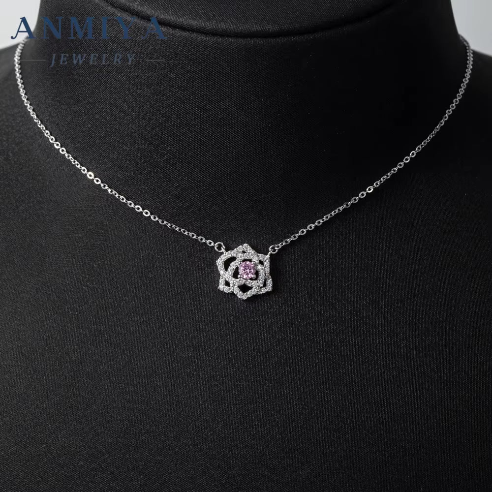 100% 925 Silver Jewelry Rose Flower Hollow Women Diamond Pendant round Brilliant Cut Necklace