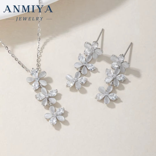 ANMIYA Korean Style Fine Long Flower Dainty 925 Sterling Silver Earrings Necklaces Set for Women Wholesale