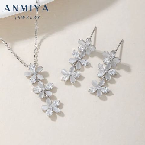 ANMIYA Korean Style Fine Long Flower Dainty 925 Sterling Silver Earrings Necklaces Set for Women Wholesale