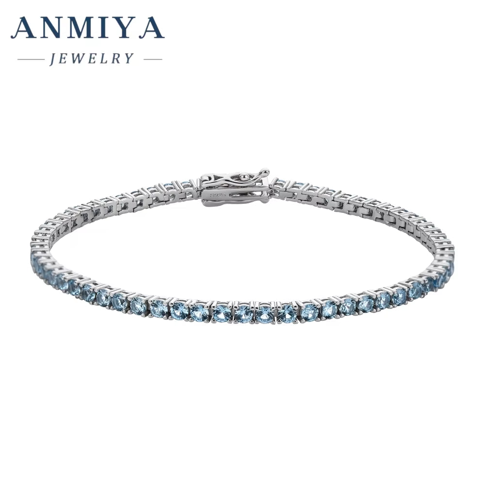ANMIYA 925 Silver Zircon Pink Blue Tennis Chain Bracelet Hip Hop Jewelry Gold Silver Material Women CZ Bracelet Iced Out