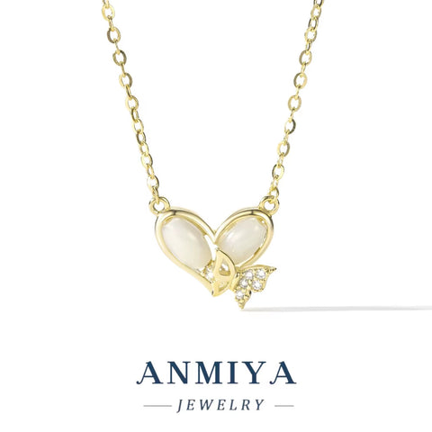 ANMIYA New 18K Gold Plated Heart Necklace Jewelry 925 Silver Butterfly Tassel Necklace for Women