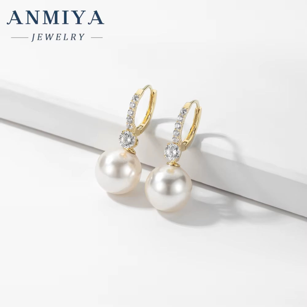 ANMIYA Korean Wedding Jewelry Gift 925 Sterling Silver Pearl Earrings Drop Pearl Hoop Earrings for Women