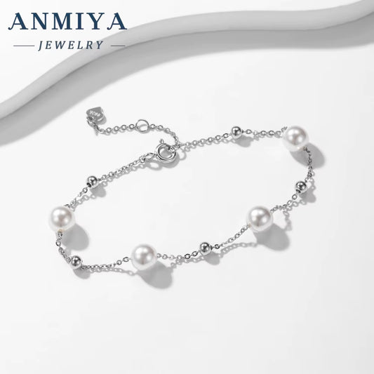 ANMIYA Wholesale Classic Fresh Water Pearls 925 Silver Link Chain Bracelets Hand Chain for Women Ladies Bestfriend Jewelry
