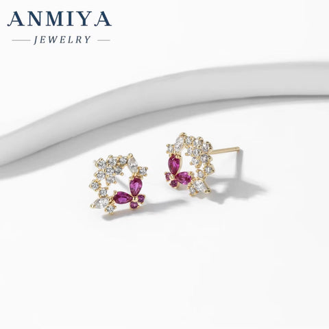 Wholesale Fashion 925 Sterling Silver Purple Zircon Butterfly Hollow Out Stud Earrings for Women