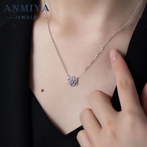 ANMIYA 925 Sterling Silver Pink Rose Shape round Brilliant Cut Zirconia Necklace Pendant for Women