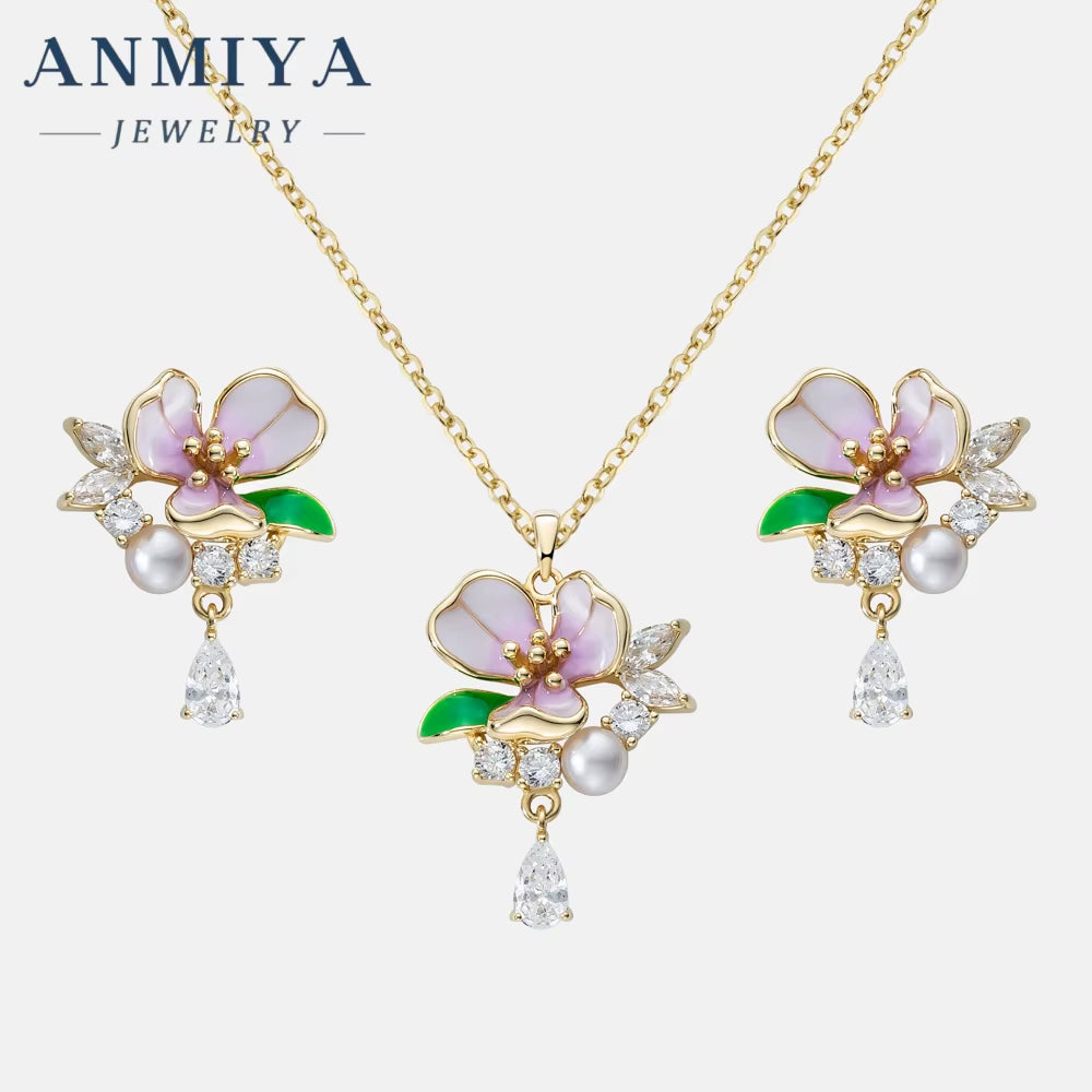 ANMIYA High Quality Summer Sweet Girls Cute Flower Pink Zircon 925 Silver Brand Necklace Earrings Sets