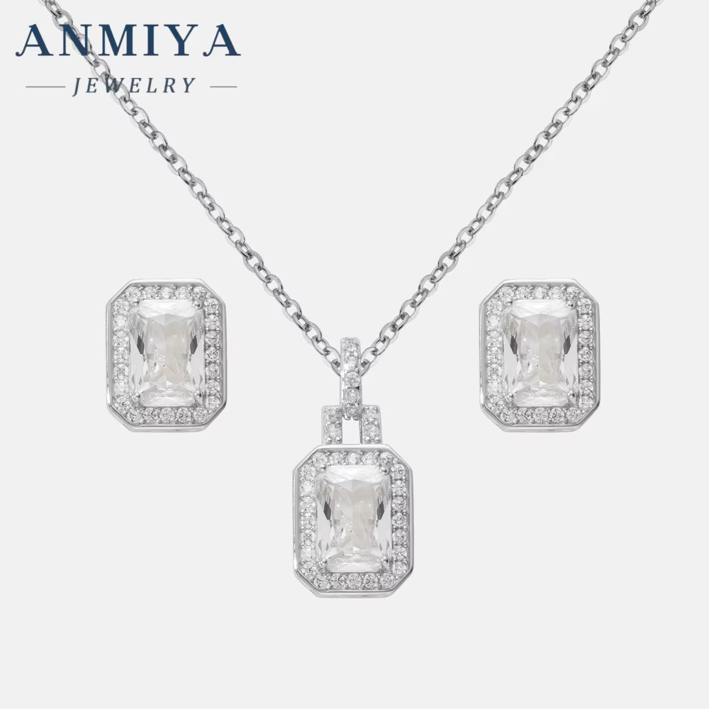 ANMIYA 2024 New Square Zircon Necklace Earrings 925 Silver 18K Gold-Plated Zircon Fashion Jewelry Necklace Set for Women