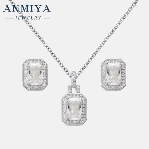 ANMIYA 2024 New Square Zircon Necklace Earrings 925 Silver 18K Gold-Plated Zircon Fashion Jewelry Necklace Set for Women