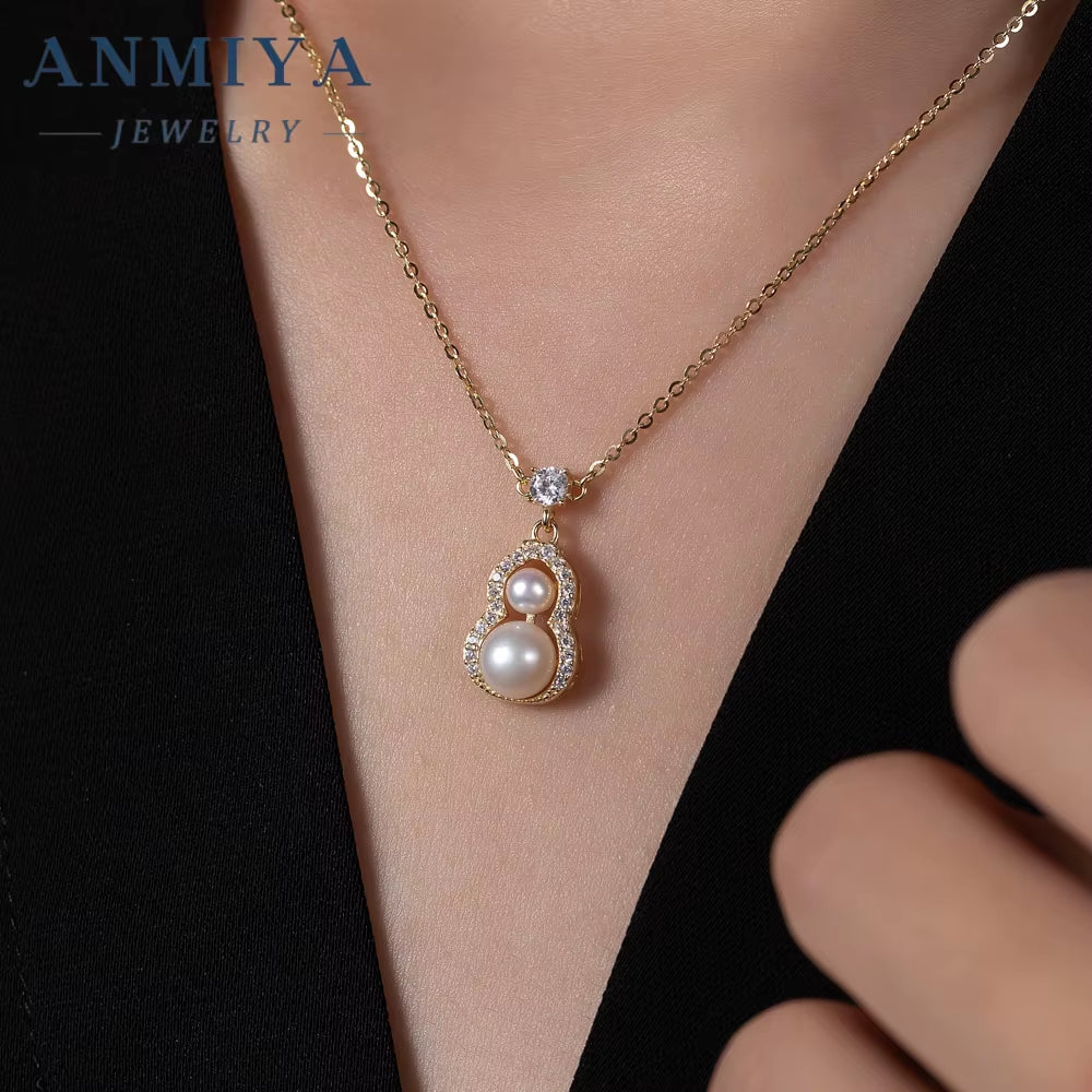 ANMIYA Certified 18K Gold Plated Hollow Diamond Calabash Pendant Gold Hipster Women'S Clavicle Chain Water Pearl Gold Wholesale