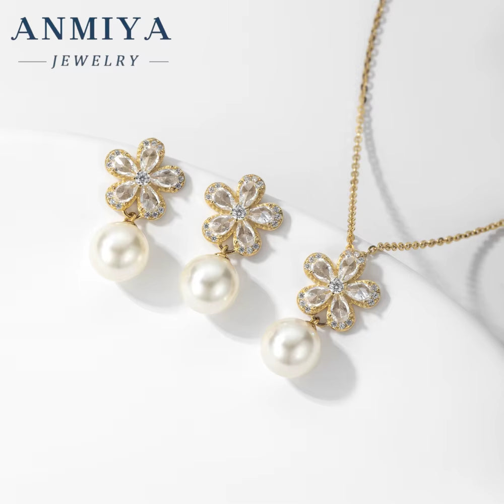 New Fashion Jewelry-Set Fresh Water Pearl Flower 925 Silver Necklace Earrings Bridal Jewelry Wedding Flower Earrings Jewelry Set
